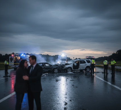 צילום דרמטי של זירת תאונת דרכים קטלנית בין שני כלי רכב על כביש רטוב בשעות הדמדומים. במרכז התמונה נראים המכוניות המעוכות עם עשן קל שעולה מהן, ומסביב פזורים שברים. ברקע פועלים כוחות הצלה, אמבולנסים עם אורות מהבהבים ושוטרים במדים זוהרים. בקדמת התמונה, מטושטשים מעט, עומדים גבר ואישה מחובקים. האווירה קודרת עם שמיים מעוננים וכהים המשתקפים על הכביש הלח.