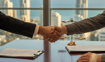 תמונת נושא של המאמר על עורך נזיקין בנתניה המציגה שתי ידיים לוחצות זו את זו מעל שולחן משרדי עץ כהה עם מסמכים ומאזני צדק מוזהבים. ברקע נוף עירוני של גורדי שחקים וים הנשקף מחלון.