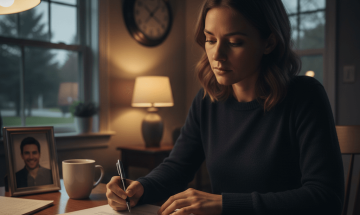 תמונת נושא של המאמר על תביעות ביטוח חיים המציגה אישה יושבת ליד שולחן עץ מואר בכמה מנורות וכותבת על מסמך. לידה כוס ותמונה ממוסגרת של גבר מחייך.